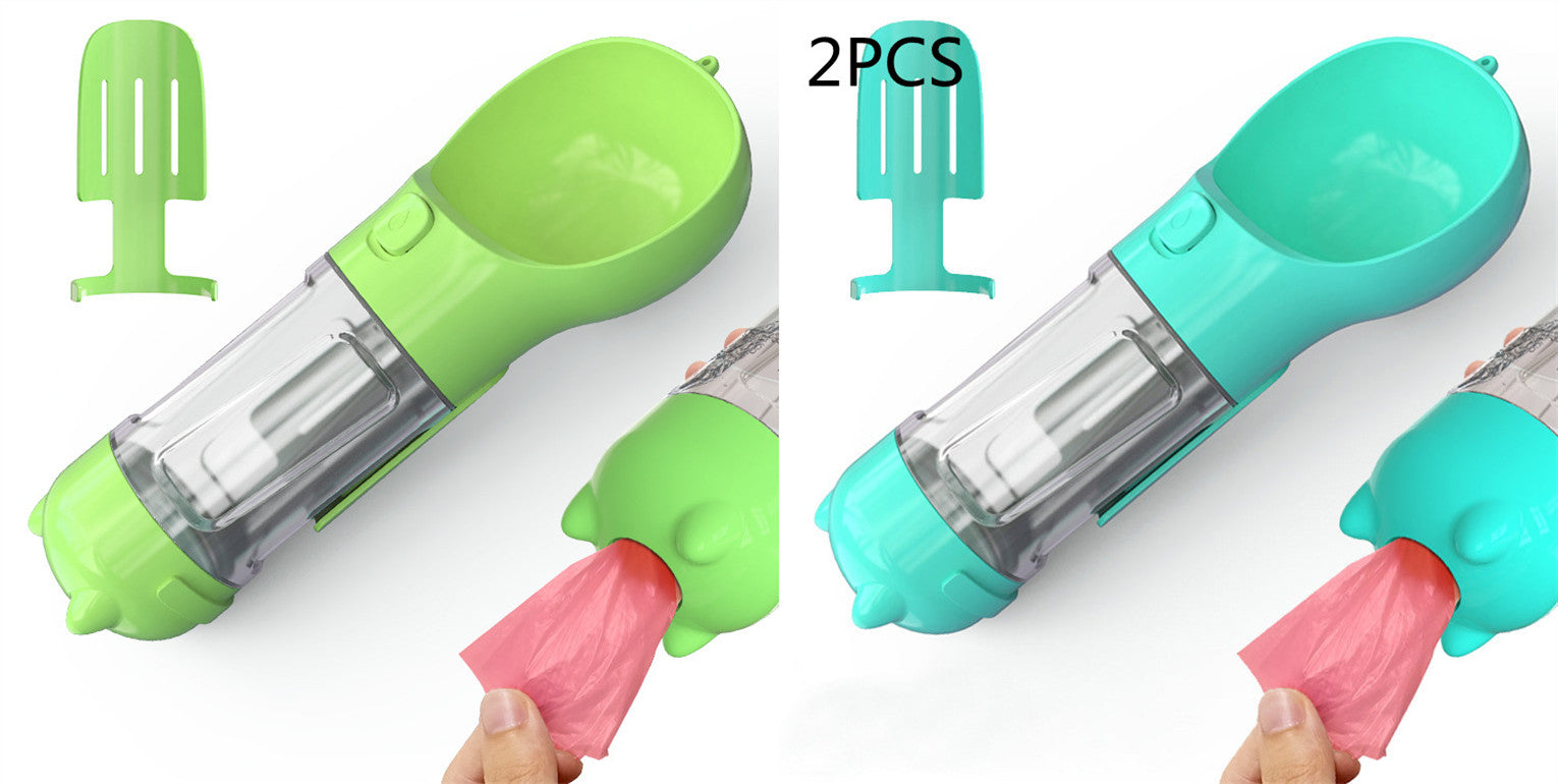 Pet water bottle feeder bowl with waste bag dispenser, green and teal color bottles.