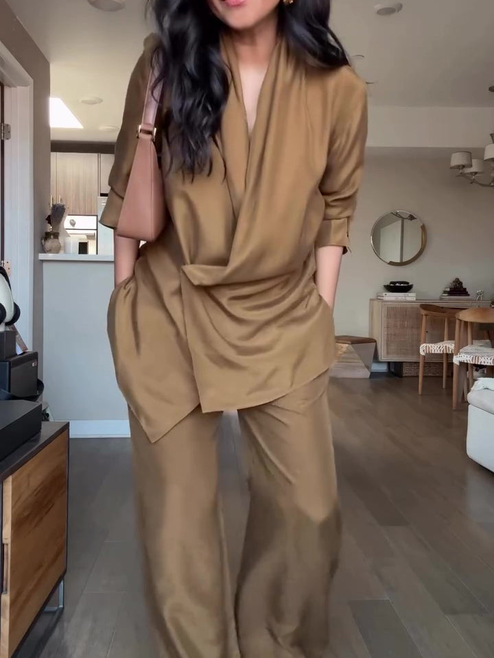 Camel satin wrap-style blouse and wide-leg pants set, side drape and relaxed fit