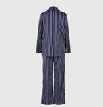 Navy pinstripe blazer and matching high-waist wide-leg pants, back view