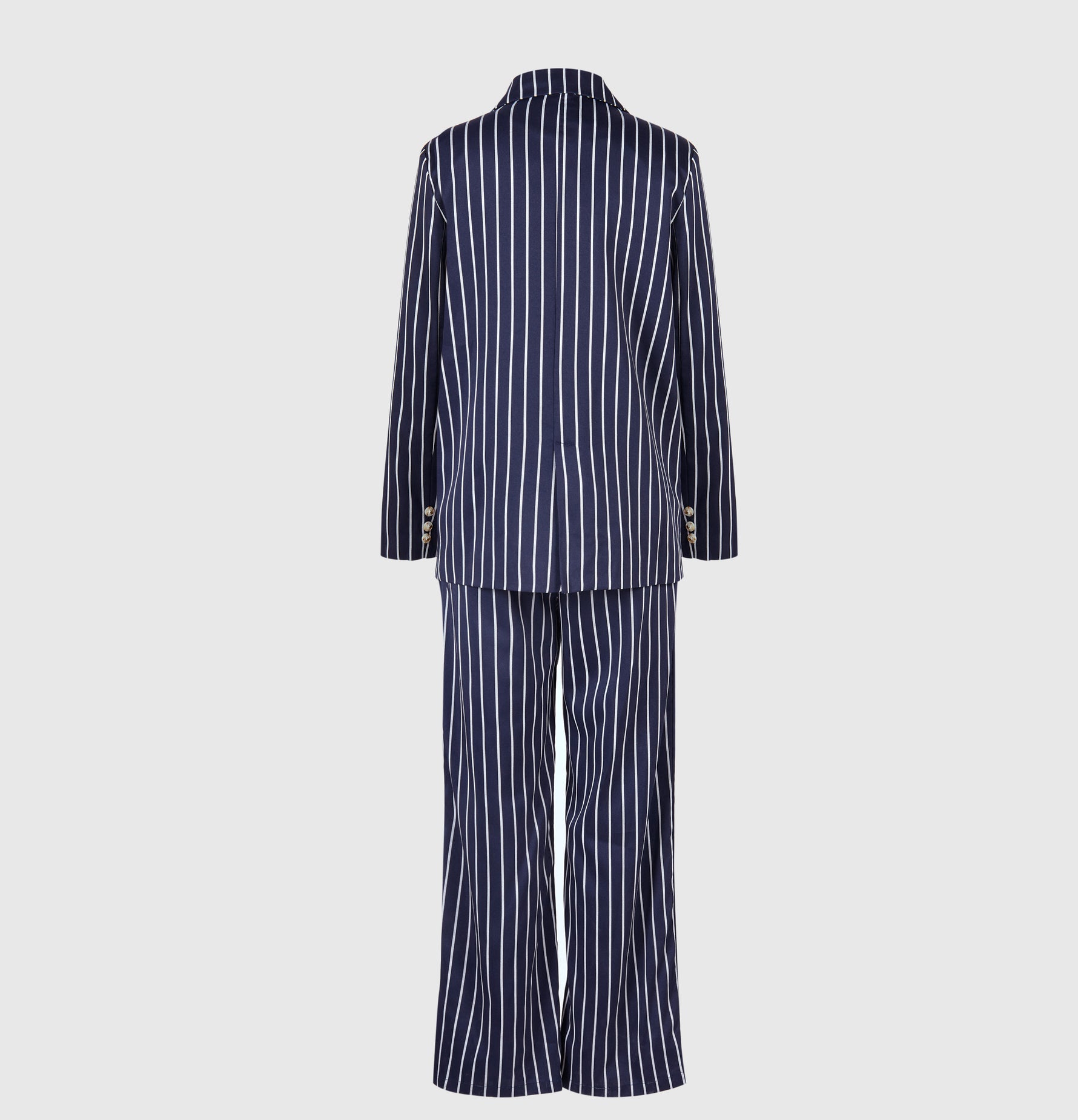 Navy pinstripe blazer and matching high-waist wide-leg pants, back view