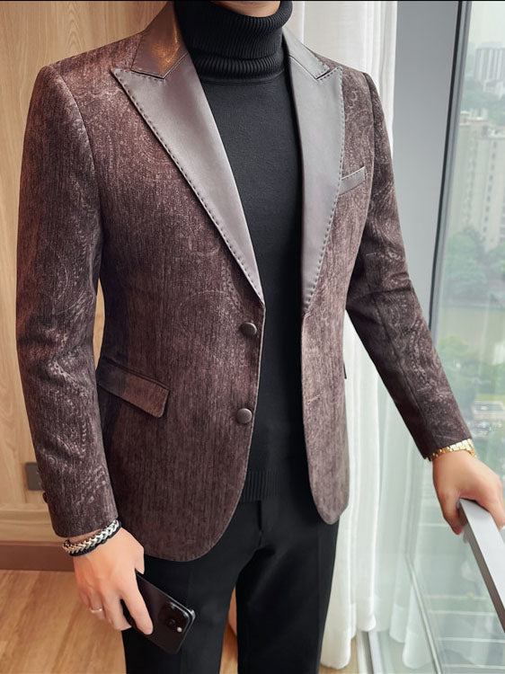 Luxurious Velvet Jacquard Leather Lapel Blazer for Men - Elevate Your Style