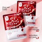 Red pomegranate facial sheet mask pouch with fruit seed cluster graphic