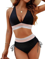 High waist bikini set: V-neck triangle top, striped band, drawstring side bottoms—black