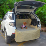 Khaki quilted pet car mat with raised side panels and open trunk cover