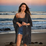 Black sheer lace embroidered cardigan, open front, loose fit, 3/4 sleeves.