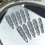Long almond press-on nails, full silver rhinestone diamond 3D crystals with curved tips