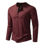 Men's long sleeve henley pullover in maroon with 3-button placket and ribbed neckline