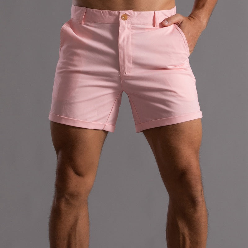 Men's pink cotton shorts with button front and side pockets