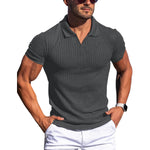 Men’s V-neck polo shirt, short sleeves, vertical stripe texture, dark gray