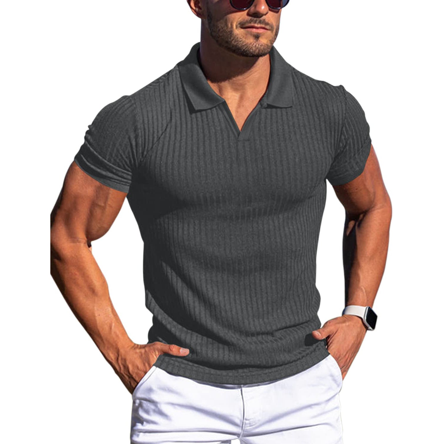Men’s V-neck polo shirt, short sleeves, vertical stripe texture, dark gray