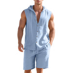 Men's sleeveless two-piece set in light blue, hooded button-front shirt and matching shorts.