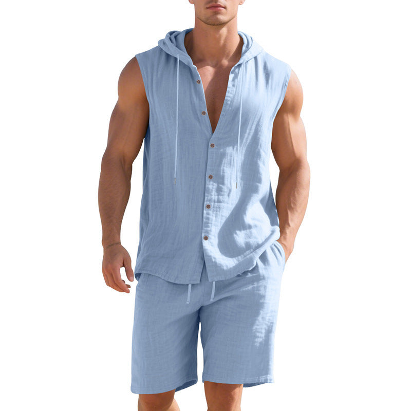Men's sleeveless two-piece set in light blue, hooded button-front shirt and matching shorts.