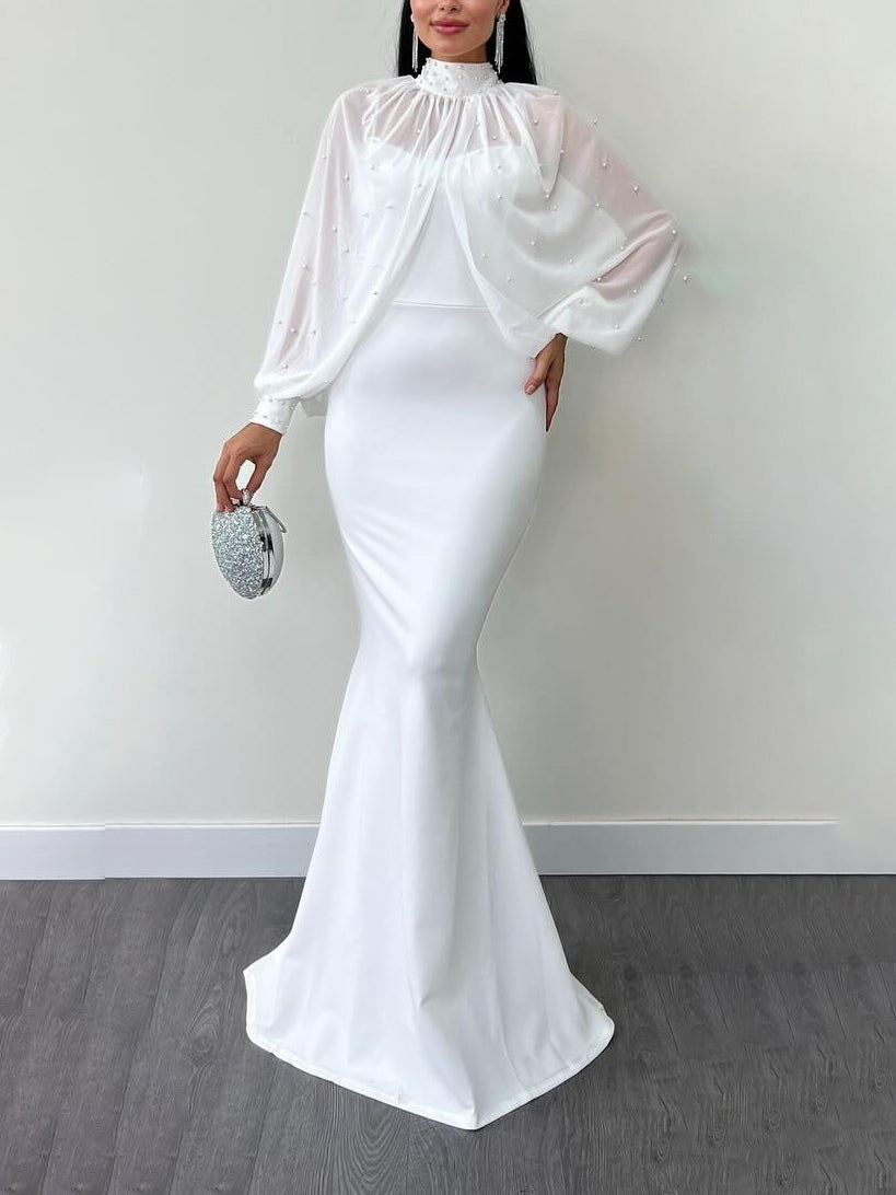 Halter mesh beaded dress set in white with long sheer sleeves and fitted mermaid hem