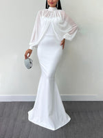 Halter mesh beaded dress set in white with long sheer sleeves and fitted mermaid hem