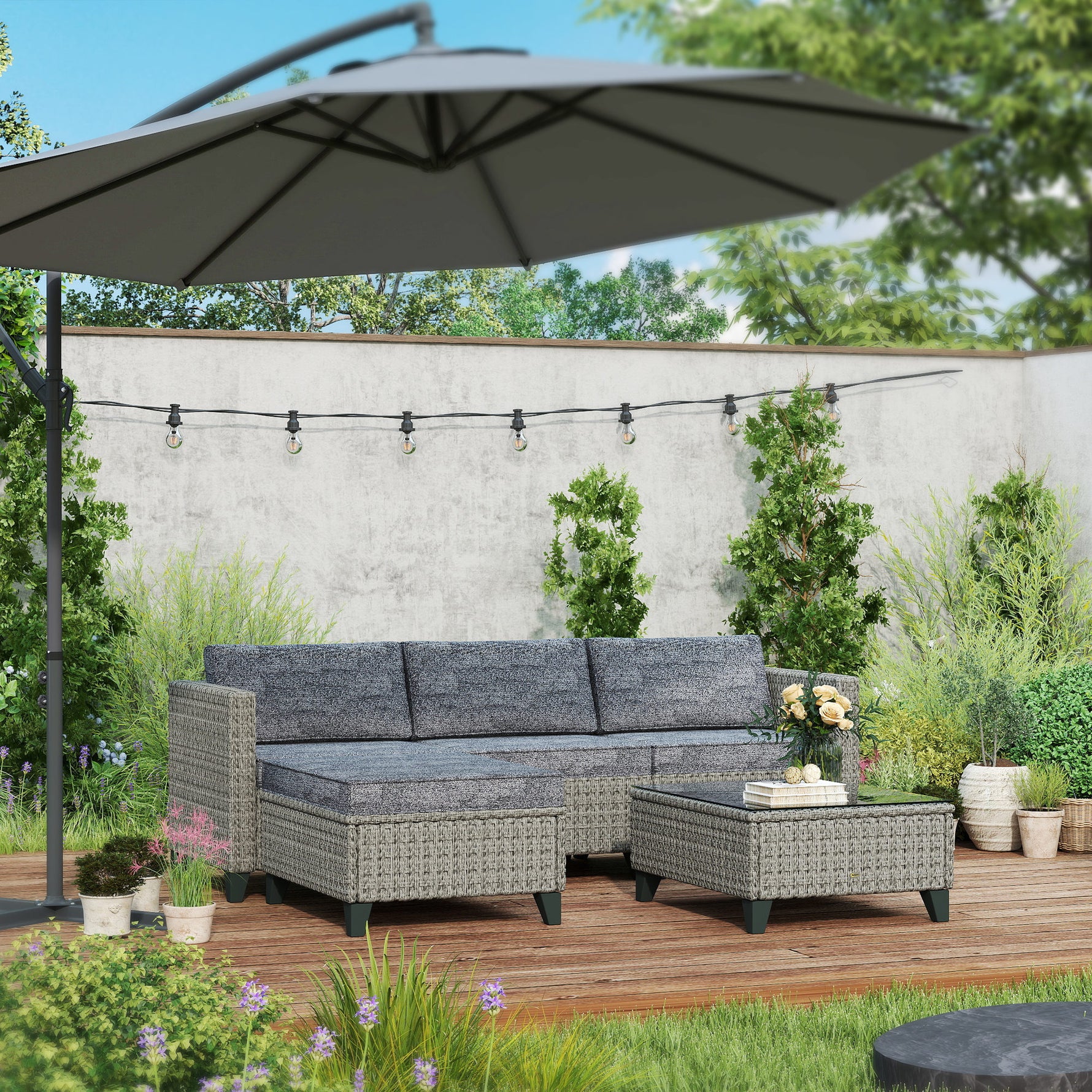 5-Piece Rattan Patio Furniture Set – Corner Sofa & Coffee Table, Dark Grey