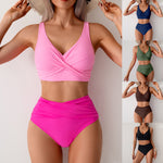 Pink high-waist bikini set with twist-front V-neck bralette and matching high-rise bottom