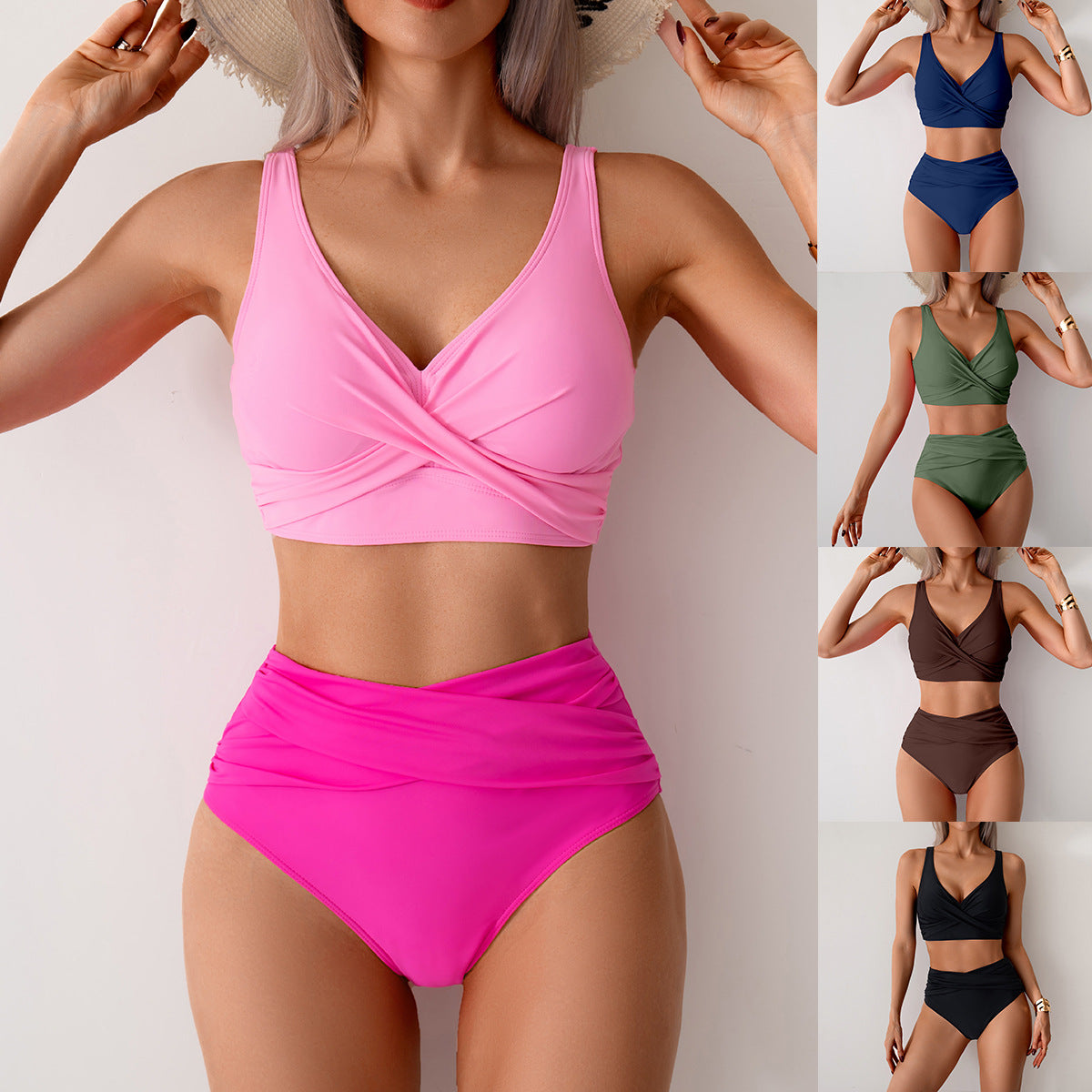 Pink high-waist bikini set with twist-front V-neck bralette and matching high-rise bottom