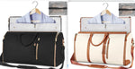 Black and white waterproof travel duffel bags with open organizers and hanging hooks