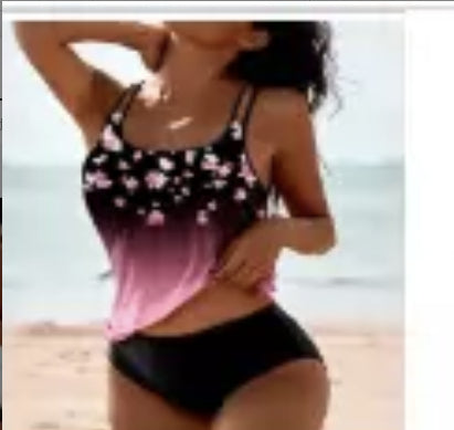 Split high-waist bikini set with black floral print top and black bottoms