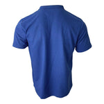 Waffle V-neck polo shirt, short sleeves, blue, back view on white background