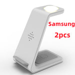 Wireless charging stand dock with two charging positions, light gray phone holder base