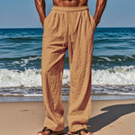 Men's breathable cotton-linen loose trousers, elastic waistband, tan, full-length