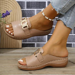 Women's chain wedge platform sandals, beige upper with gold-tone buckle and open toe