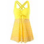 Yellow lace one-piece swimsuit with chest pad, crisscross back straps