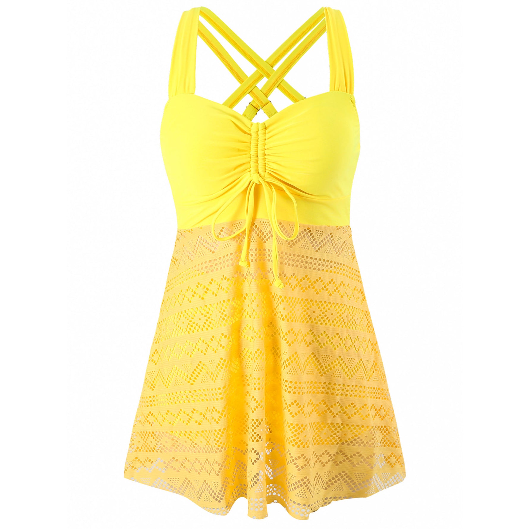 Yellow lace one-piece swimsuit with chest pad, crisscross back straps