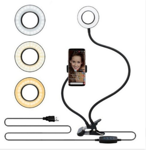 LED selfie ring light kit with three ring color options, clamp base, and USB cords