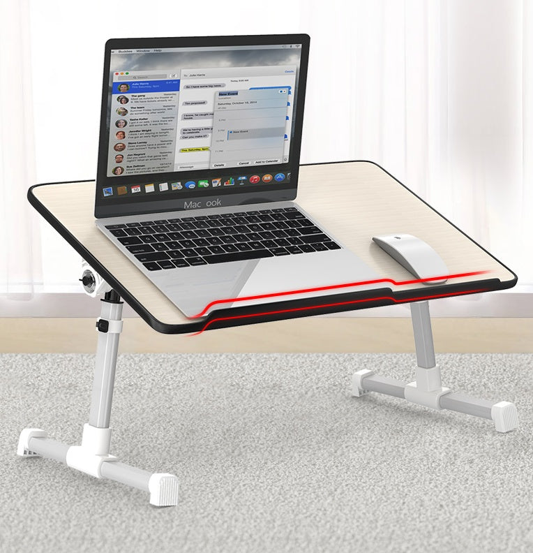 Adjustable foldable laptop desk stand with beige top, black edge, cooling vent, and white legs