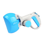 Automatic foldable pet waste scooper with light blue bin, white handle, blue latch
