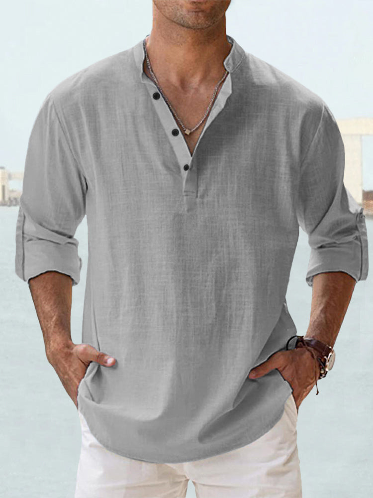 Men's cotton-linen pullover shirt, stand collar, long sleeves, light gray button placket