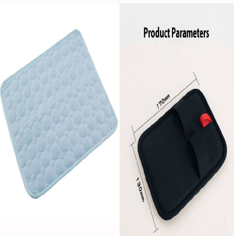 Pet cooling pad with bubble-textured quilt, light blue cover, dark border, red tag