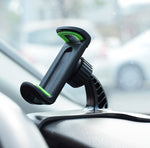 Car phone holder air-vent clamp with green accents and slotted grippers, black