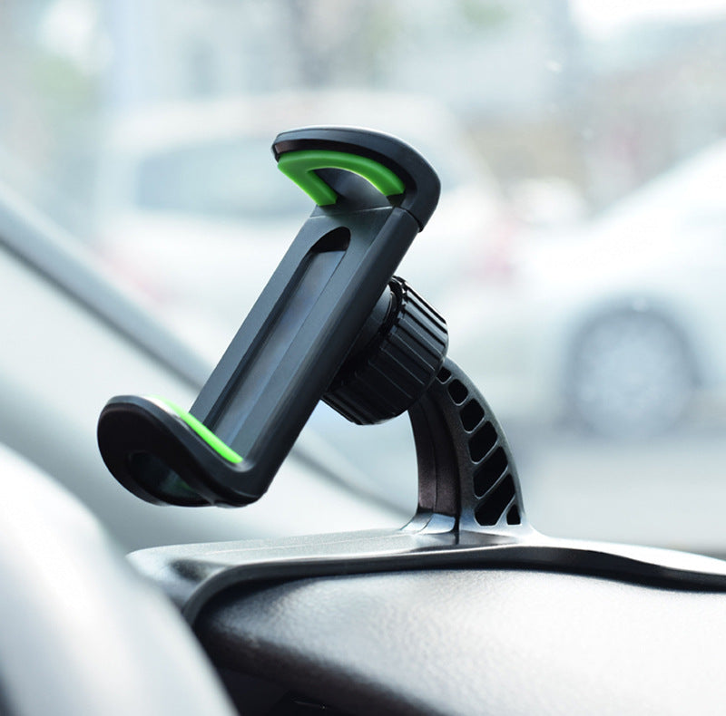Car phone holder air-vent clamp with green accents and slotted grippers, black