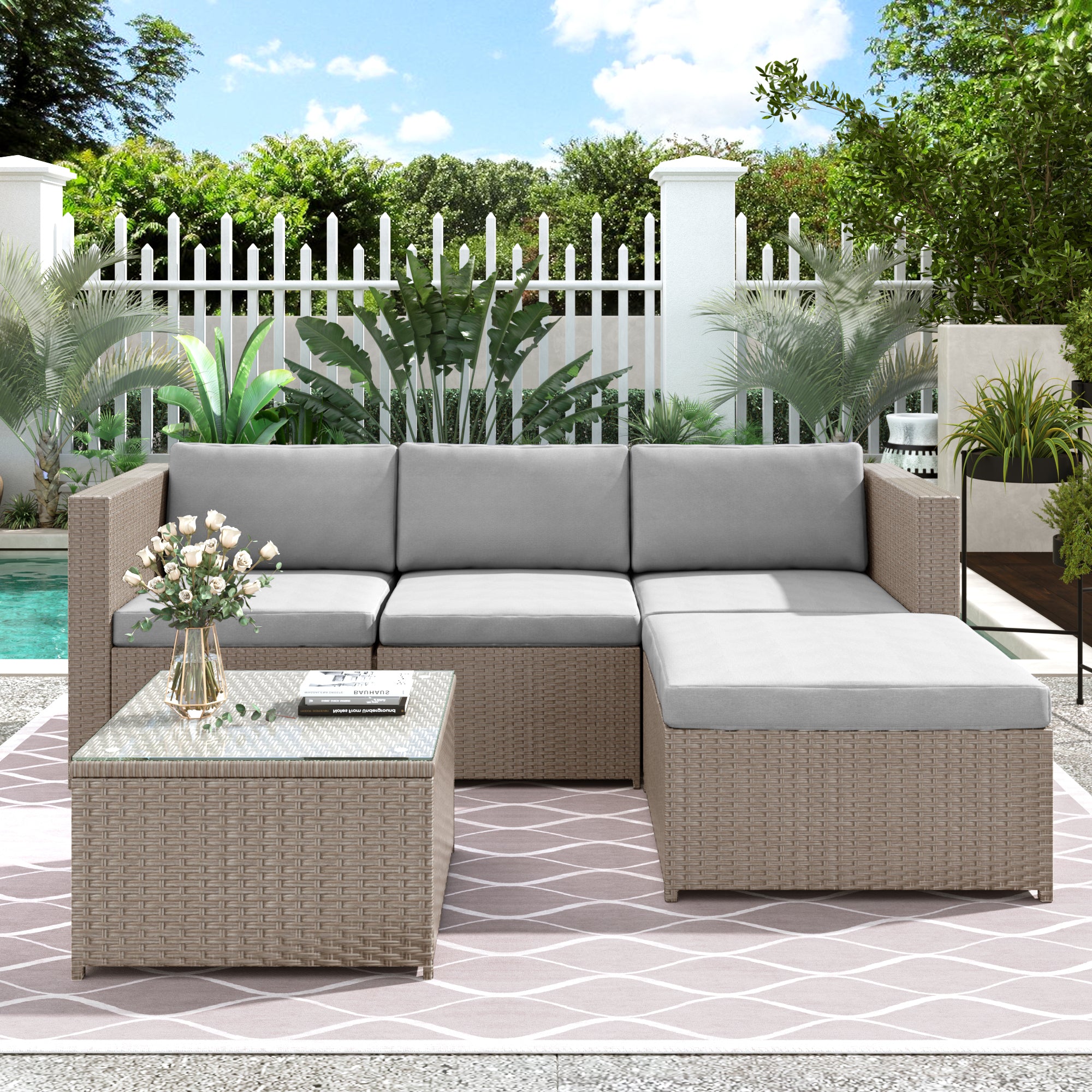 Sofá esquinero de jardín, Muebles de jardín de ratán, Conjunto de patio, Conjunto de entretenimiento para jardín, Conjunto de salón de muebles de jardín de ratán, Caqui