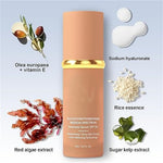 Color-changing liquid foundation bottle with gold band and cream swatch drops