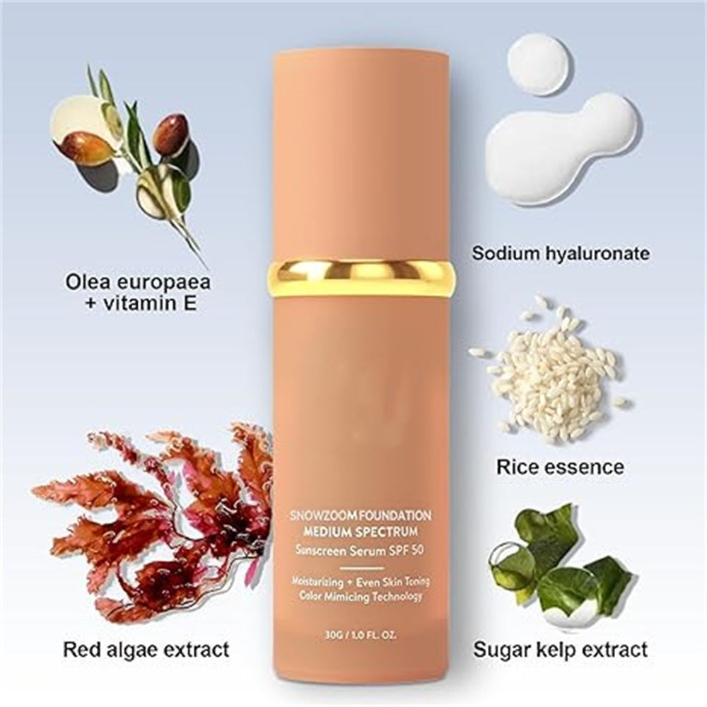Color-changing liquid foundation bottle with gold band and cream swatch drops