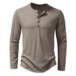Men's long sleeve henley pullover in khaki beige with button placket and curved hem
