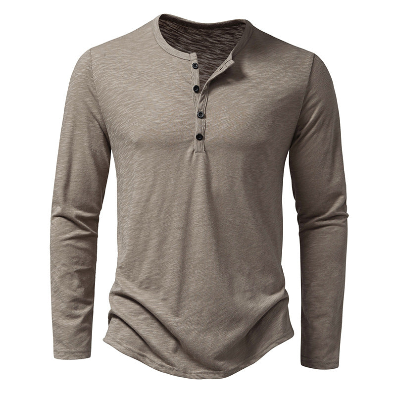 Men's long sleeve henley pullover in khaki beige with button placket and curved hem