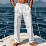 White cotton-linen loose trousers with elastic waistband, mid rise