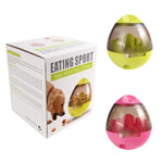 Pet food dispenser ball toy in green and pink with retail box