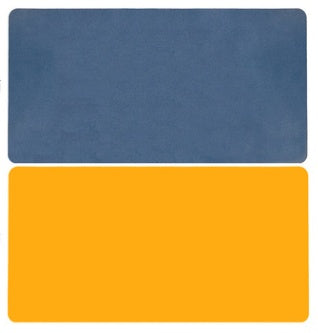 Blue and orange waterproof PU desk mat set, two rectangular pads with rounded corners