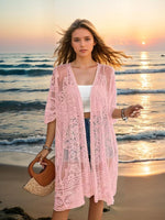 Light pink sheer lace embroidered cardigan, open front, loose fit, 3/4 sleeves.