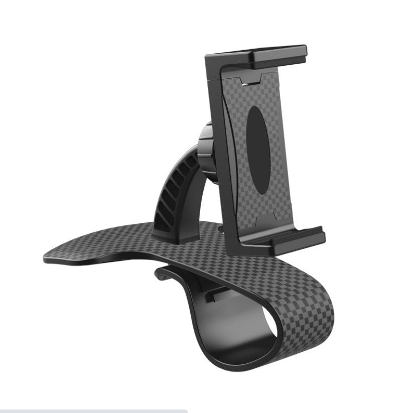 Dashboard phone holder with stretchable clip, patterned black grip pads, 360° swivel