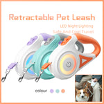 Retractable pet leash with LED night lighting in purple, teal, and orange color options
