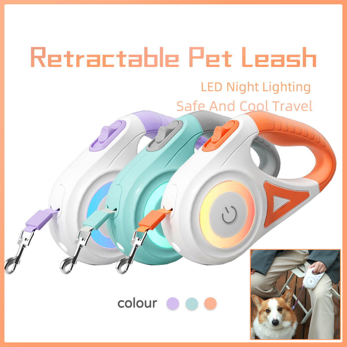 Retractable pet leash with LED night lighting in purple, teal, and orange color options