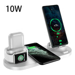 Wireless charging dock station with white base, phone stand, smartwatch, and earbuds