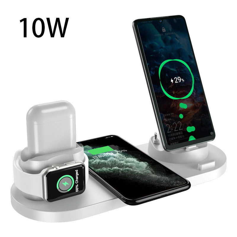 Wireless charging dock station with white base, phone stand, smartwatch, and earbuds